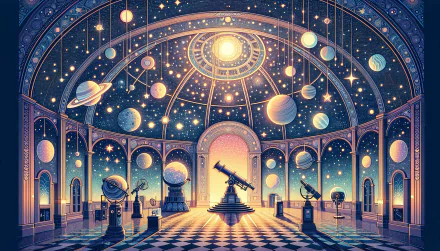 HD wallpaper of an illustrated planetarium interior with telescopes and celestial bodies on a starry dome background.