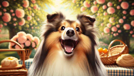 A joyful Shetland sheepdog stands in a vibrant garden, surrounded by blooming flowers and picnic baskets, creating a cheerful HD wallpaper and background.