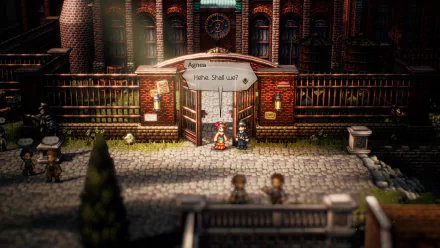 HD wallpaper of Octopath Traveler II featuring a detailed scene outside an in-game building with characters.