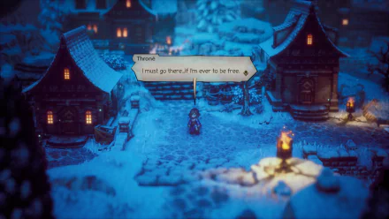 A stunning HD desktop wallpaper featuring a snowy village scene from Octopath Traveler II, highlighting the character Throne with a dialogue box expressing determination.