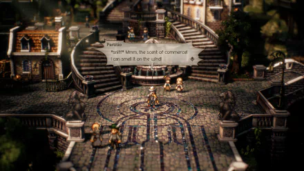 HD wallpaper of Octopath Traveler II showcasing a character in a vibrant, detailed in-game town square scene.