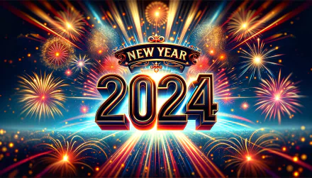 HD desktop wallpaper featuring vibrant New Year 2024 celebrations with colorful fireworks and shining typography.