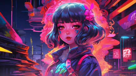 Anime girl with blue hair in a vibrant neon-lit cityscape HD desktop wallpaper.