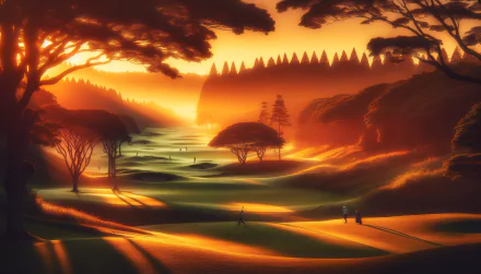 HD golf-themed desktop wallpaper featuring a serene sunset over a picturesque golf course with silhouettes of players and trees.