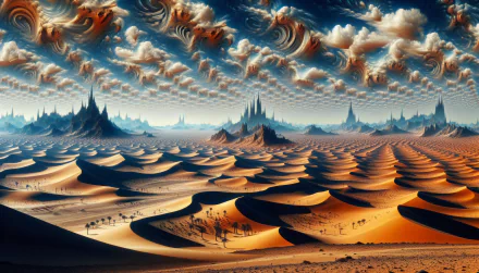 HD desktop wallpaper featuring a surreal Sahara desert landscape with swirling clouds and dunes.