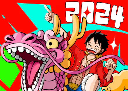 HD PC desktop wallpaper featuring anime characters Kozuki Momonosuke and Monkey D. Luffy from One Piece, set against a vibrant red and green background.