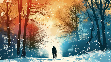 Silhouette of a person walking in a snowy forest with bare trees against a vibrant sunset sky, HD wallpaper.