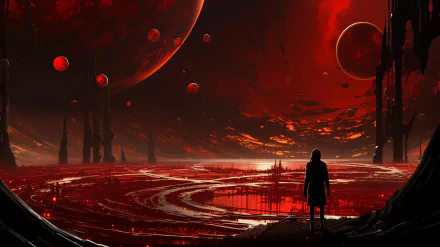 Alt Text: HD desktop wallpaper featuring a space opera scene with a figure standing on a futuristic red planet with giant moons overhead and towering structures in the background, evoking a sci-fi adventure ambiance.