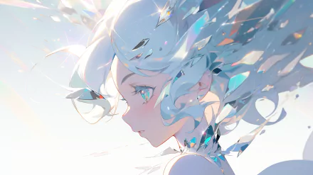 HD anime wallpaper featuring a side profile of an anime girl with blue hair and sparkling fragments around her.