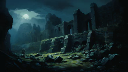 A captivating HD wallpaper of ancient ruins under a moonlit sky, featuring crumbling stone structures and scattered rocks, evoking a sense of mystery and history.