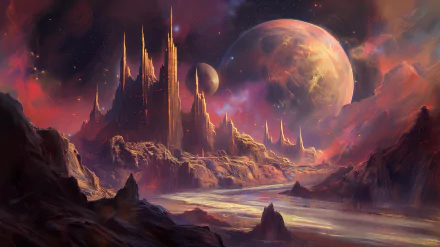 A stunning sci-fi castle rises amidst vibrant cosmic landscapes, featuring planets and a serene river, creating a captivating HD desktop wallpaper and background.