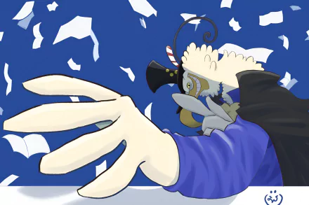 Anime HD PC desktop wallpaper of Morgans (One Piece): stylized portrait with oversized outstretched hand and fluttering papers on a bold blue background.