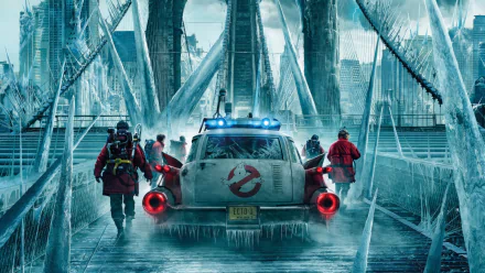 HD wallpaper of Ghostbusters: Frozen Empire featuring characters and iconic vehicle in icy setting.
