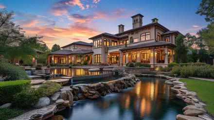 Luxury mansion dream home with pool and garden at sunset, HD desktop wallpaper and background.