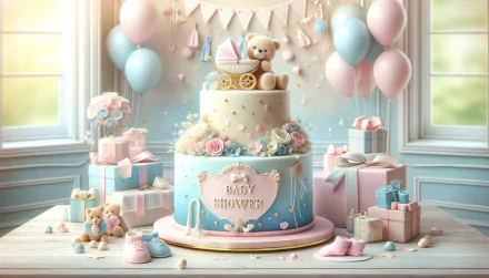 HD desktop wallpaper featuring a baby shower theme with a decorative cake, balloons, gifts, and teddy bear by a window with soft lighting.