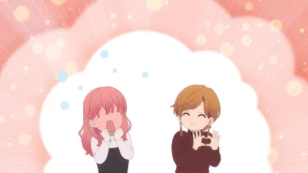 Two animated characters from A Sign of Affection express joy, surrounded by soft pink hues and sparkling accents, making this an engaging HD desktop wallpaper.