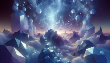 HD desktop wallpaper featuring a surreal landscape with crystalline structures and clouds against a starry sky.