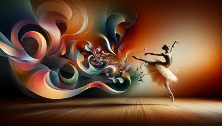 Ballet dancer in motion with abstract artistic swirls on a wooden floor, HD desktop wallpaper and background