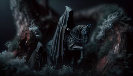 HD wallpaper of a Nazgûl on horseback in a mystical forest setting for desktop background.