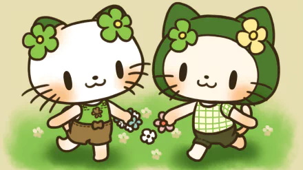 HD desktop wallpaper featuring cute Hello Kitty characters in green outfits with floral accents on a soft green background.