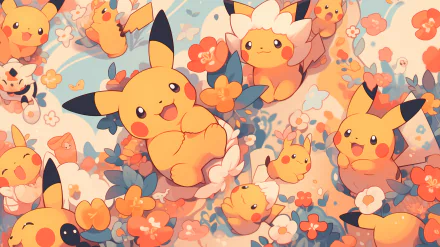 A vibrant HD wallpaper featuring multiple cheerful Pikachu surrounded by colorful flowers, capturing the playful essence of Pokémon in an enchanting anime style.