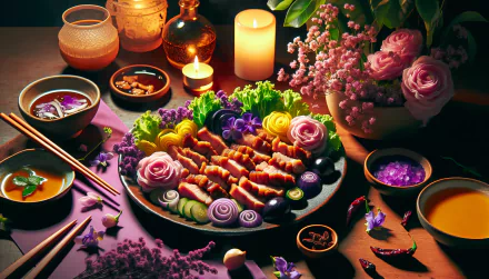 A beautifully arranged platter of pork, surrounded by vibrant vegetables and garnishes, set against an elegant backdrop of candles and flowers, creating a captivating HD desktop wallpaper.