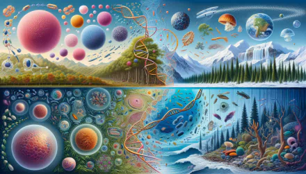 HD wallpaper featuring vibrant illustrations of biology themes with cells, DNA, and diverse ecosystems for desktop background.