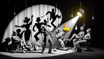 HD desktop wallpaper featuring a black and white comedy theme with playful clowns and silhouetted characters performing on stage under a spotlight.