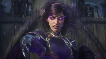 HD desktop wallpaper featuring the character Morgana from the video game League of Legends, with glowing purple eyes and magical energy surrounding her.