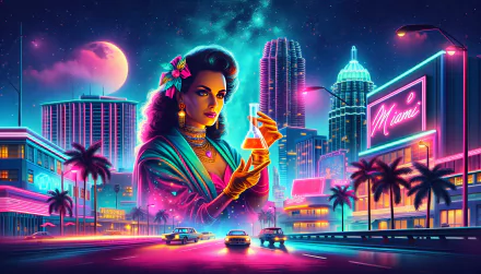 Retro-futuristic scientist with beaker illustration for HD desktop wallpaper featuring neon-lit cityscape background.