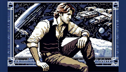 HD desktop wallpaper featuring a pixel-art-inspired representation of a character resembling Han Solo with the Millennium Falcon and space backdrop.