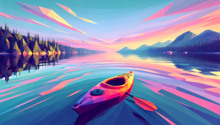 A vibrant kayak glides across a serene lake, reflecting colorful skies and mountains in the background, creating a stunning HD desktop wallpaper.