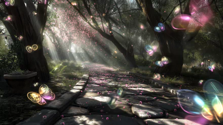 Enchanting forest path with sunlight rays and floating bubbles HD desktop wallpaper.