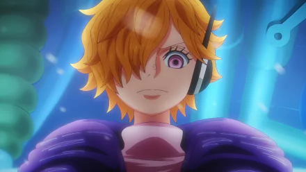 HD anime desktop wallpaper featuring Lilith from One Piece with orange hair, a confident expression, and a futuristic blue background.