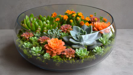 HD wallpaper of a vibrant terrarium with succulents and flowers for desktop background.