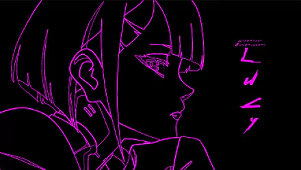 Minimalist pink anime girl profile outlined on black background, featuring bold lines and the name Lucy in stylized text, designed as an HD PC desktop wallpaper.