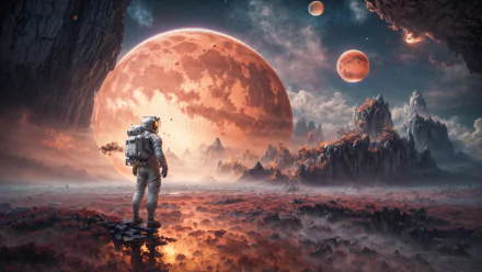 2K Quad HD PC desktop wallpaper: astronaut on an alien planet shore with giant moons, jagged rocky spires and a vivid space/universe sky.