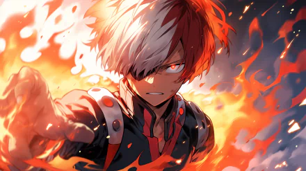 HD desktop wallpaper featuring Shoto Todoroki from My Hero Academia, with a dynamic fire and ice background.