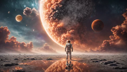 2K Quad HD PC desktop wallpaper: an astronaut stands on a reflective alien moon surface, facing a fiery gas giant and nearby planets against a dramatic space and universe backdrop.