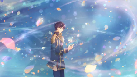 HD PC desktop wallpaper featuring anime character Arnold Hein from 7th Time Loop: The Villainess Enjoys a Carefree Life Married to Her Worst Enemy! surrounded by glowing petals.