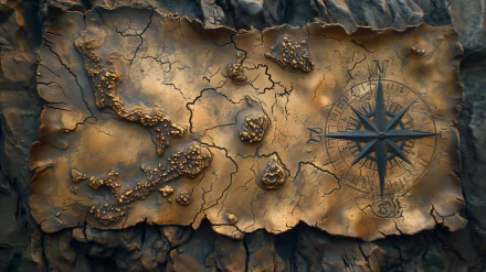 HD desktop wallpaper of a detailed treasure map with a compass rose on aged parchment, set against a rocky background.