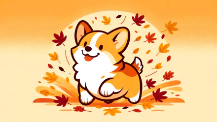 HD desktop wallpaper featuring a cartoon illustration of an adorable corgi dog surrounded by falling autumn leaves with a warm orange background.