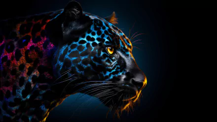 A striking close-up of a jaguar's head, featuring vibrant blue and purple patterns against a dark background, creating a stunning HD wallpaper.