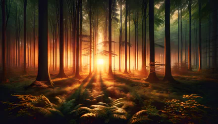 HD wallpaper of a sunrise in a misty forest with sunbeams piercing through the trees.