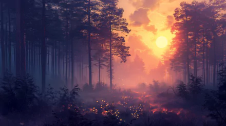 HD wallpaper of a tranquil forest landscape at sunset with the sun casting a warm glow through the trees.