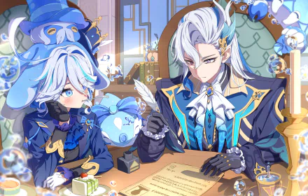 A vibrant HD wallpaper featuring Neuvillette and Furina from Genshin Impact, seated together with a quill and documents, surrounded by colorful bubbles and a warm, inviting atmosphere.