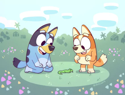 A vibrant HD wallpaper featuring Bluey and Bingo, two playful cartoon dogs, joyfully interacting with a small lizard in a sunny, grassy landscape.