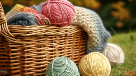 HD wallpaper of colorful yarn balls in and around a wicker basket against a blurred garden background.