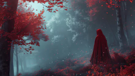 HD desktop wallpaper featuring a mystical depiction of Red Riding Hood in a vibrant red cloak amidst a foggy, red-tinged forest setting.