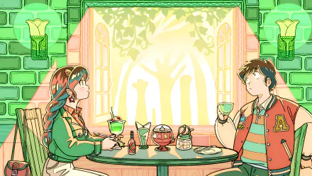 Anime-style 8K Ultra HD wallpaper featuring Lum and Ataru Moroboshi from Urusei Yatsura (2022) sharing drinks at a vibrant, warmly lit café table.